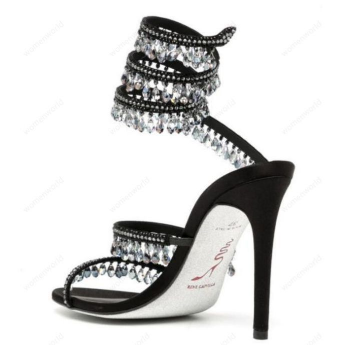 

RENE CAOVILLA 10cm stiletto High heel Sandals CRYSTAL Karung open toe Snakelike twining rhinestone sandals women Top quality Black Cleo embellished sandal, Only a boxes