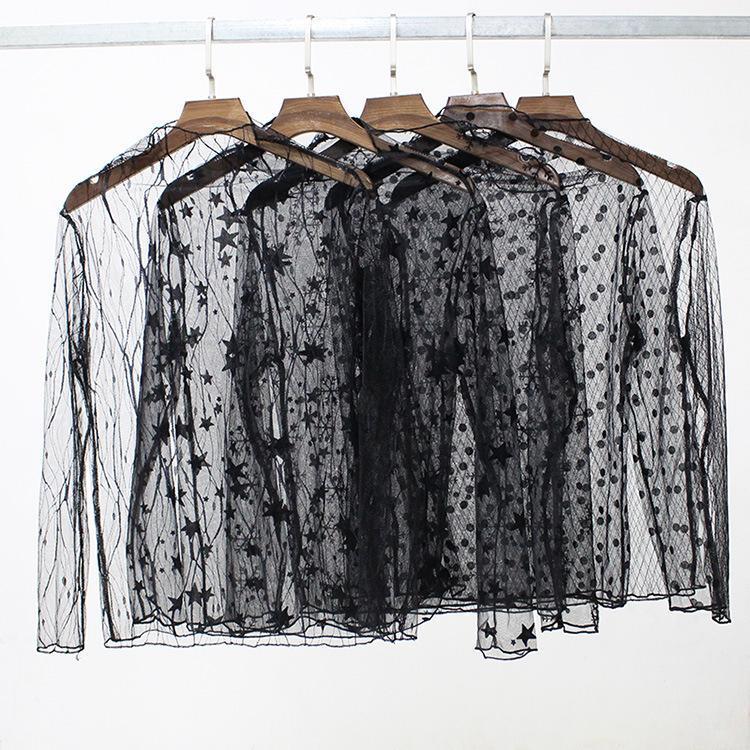 

Women's Blouses & Shirts Elegant Lace Blouse Shirt Sexy Hollow Out Dot Star Pattern Mesh Transparent Women Long Sleeve Autumn Winter Tops Fe