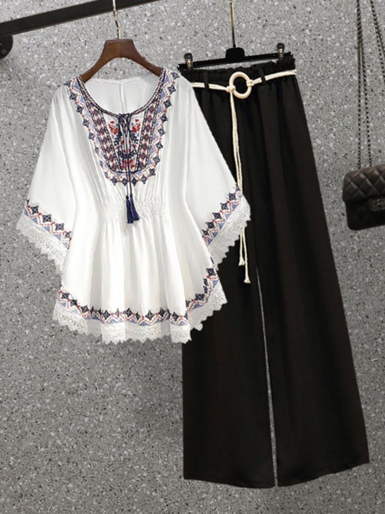

Women's Two Piece Pants In The Summer Of 2022 National Style Shirt Jacket And Wide-leg Two-piece Suit Set Fashion Pieces For WomenWomen's, Sky blue