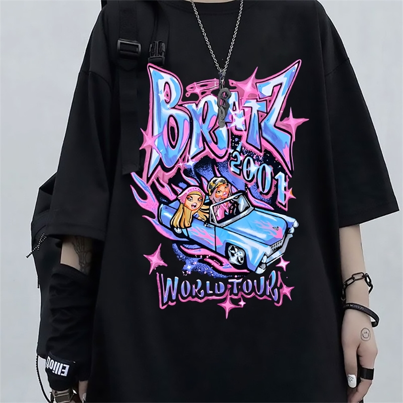 Bratz T-shirts Femmes T-shirt surdimensionné Esthétique Harajuku Y2k Tops Hommes Streetwear Noir Casual 100% Coton T-shirt à manches courtes 2206