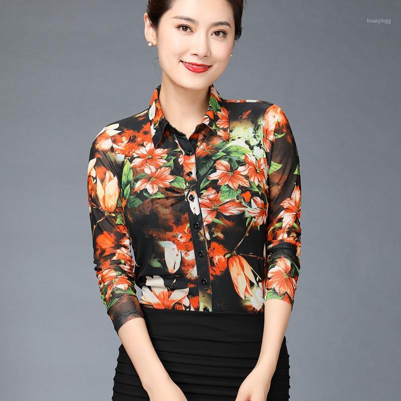 

Spring Autumn Fashion Women Print Floral Mesh Long Sleeve Blouse Top Shirt , 2022 Korean 4xl Flower Tops And Blouses For Woman Women' & Shi, As pic
