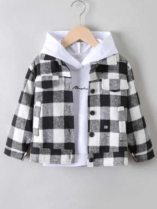 

Toddler Boys Gingham Button Through Flap Detail Overcoat Without Hoodie SHE, Black and white