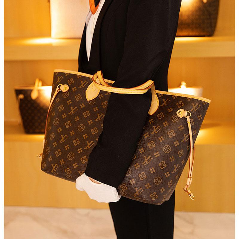 

size 45X18X30cm 2pcs sets women leather handbags bags female flower ladies handbag wallets Luxury hand mother bill of lading womens shoulder bag 40156 Small purse, Brown grid