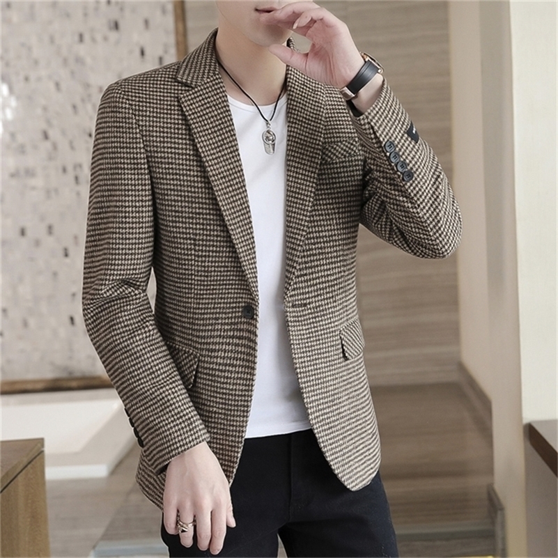 

Autumn Men Jacket Suit OneButton Classic Houndstooth Korean Style Blazer Non-ironing Mens Wedding Tuxedos Suits Blazer Masculino 220510, Light grey