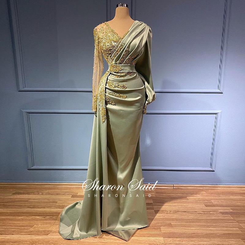 

Party Dresses Elegant Mint Green Mermaid Arabic Evening Dress Long Sleeve V-Neck Beaded Dubai Formal For Women Wedding GownsParty, Rose pink