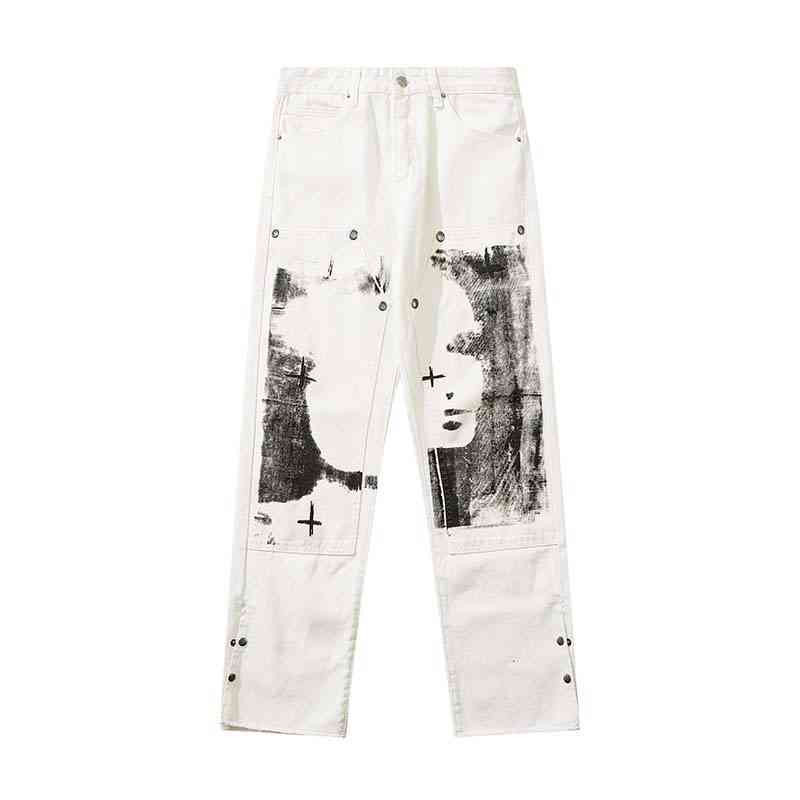 

Street spring new tie dyed small foot single breasted jeans brand casual straight fashion middle waist pants men, White
