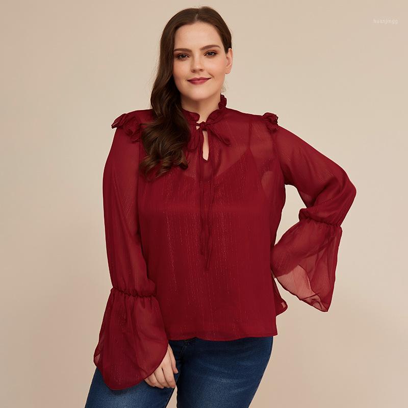 

Spring Women Flare Sleeve Blouses Female Casual Loose Plus Size Office Tops 4XL Large Perspective Blouse Women's & Shirts, Burgundy