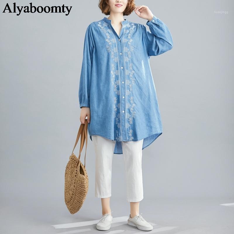

Spring Autumn Women Korean Style Blouse V Neck Floral Embroidery Irregular Female Blusas Elegant Plus Size Denim Cardigan Women's Blouses &, Light blue
