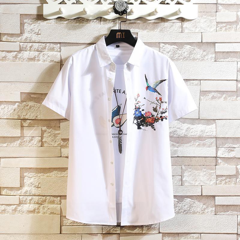 

Men Summer Plus Size Flowers Shirt High-Quality Trendy Fashion All-Match Short-Sleeved Male Brand Classic Printed Clothes Men's Casual, 3681 white
