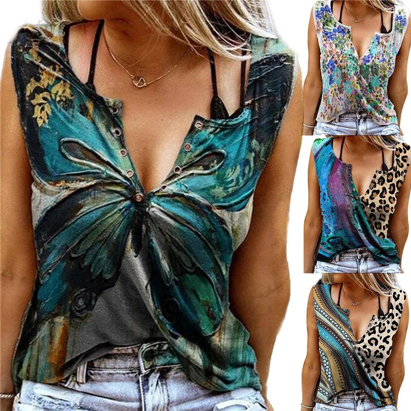 

Women' Tanks & Camis Women Fashion Summer V-Neck Digital Print Pullover Sexy Casual Vest Loose Butterfly Sleeveless T-Shirt Clothing, Geometric leopard