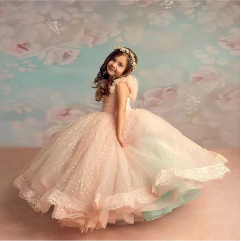 

Girl's Dresses Pink Lace 2022 Flower Girl Ball Gown Tulle Pearls Little Wedding Communion Pageant Gowns, Red;yellow