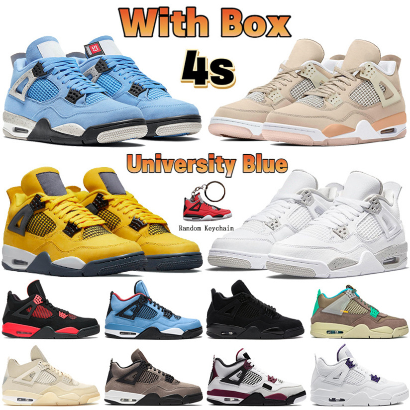 

with Box Jordns 4 4s Jumpman Basketball Shoes University Blue White Oreo Red Thunder Shimmer Metallic Purple Black Cat Taupe Haze Men Women Sneakers Chaussures, 34 40-47 guava ice