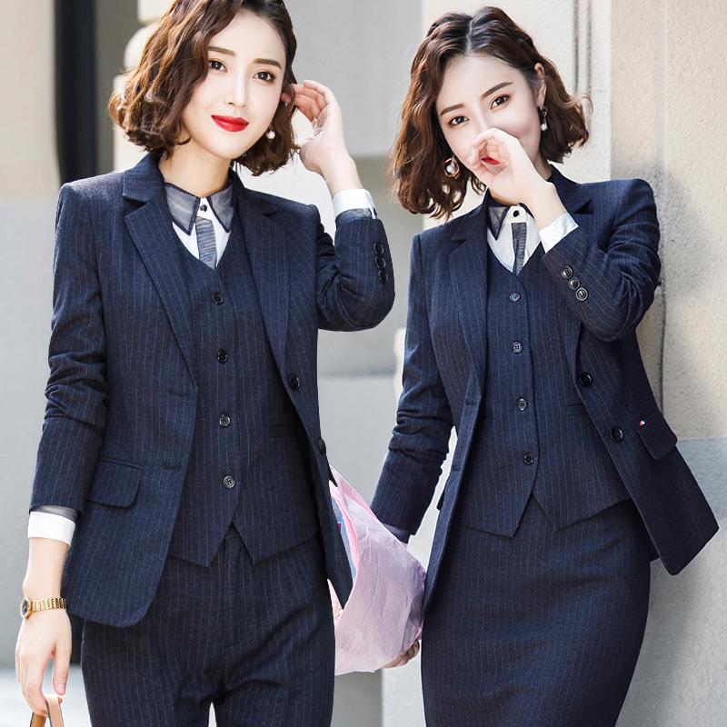 

Women' Two Piece Pants Office Work 3 Pieces Set Women Pant Suits Striped Business Uniform Including Notched Jacket Waistcoat Trousers Cloth, Skirt suit