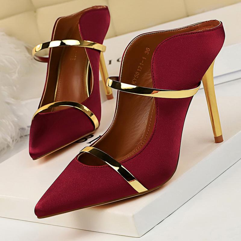 

Sandals Shoes Satin Elegant Mule Women High Heels Red Wedding Heel Luxury Yellow Gold Stiletto SlideSandals, Caramel