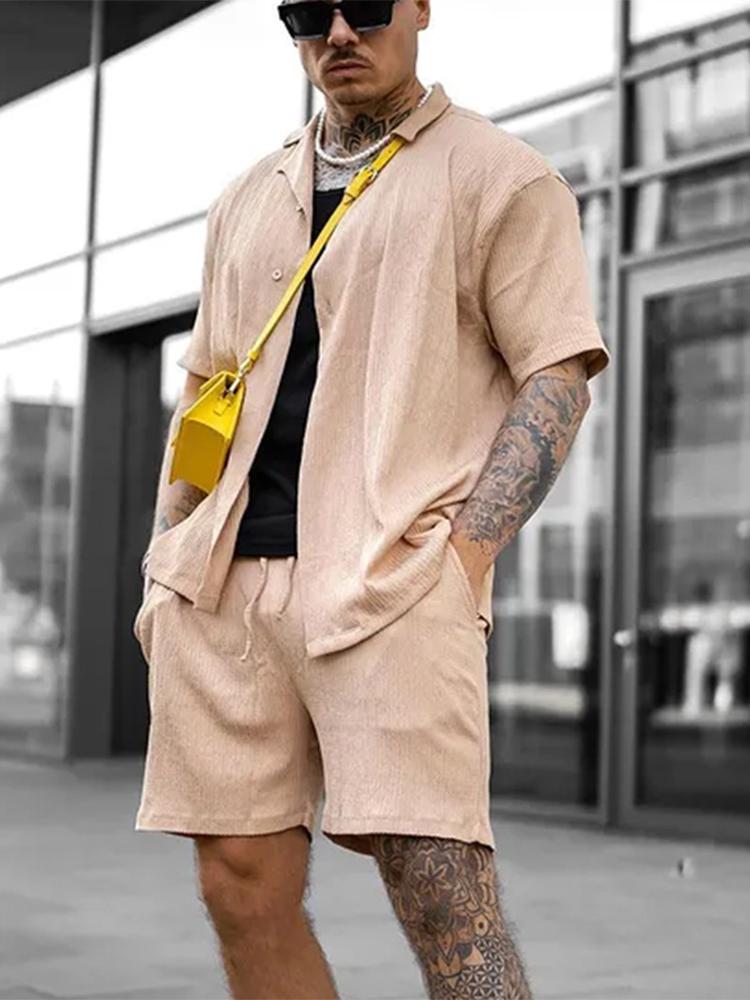 

Men' Tracksuits Fashion Summer Mens 2 Piece Suit Casual Short Sleeve Lapel Single Breasted Shirt Elastic Waist Shorts Solid Loose Men SetMe, 01 khaki