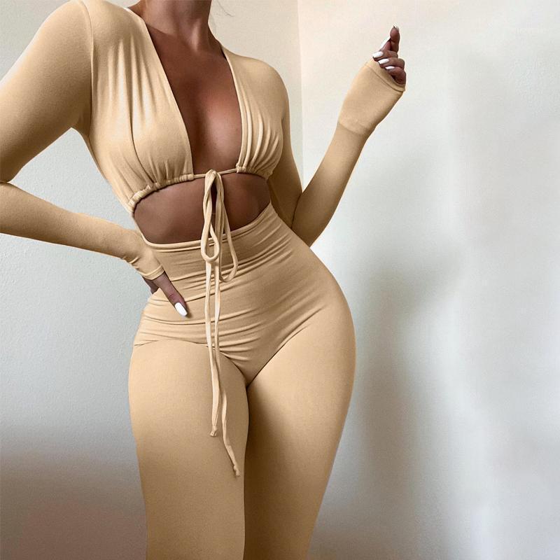 

Women' Two Piece Pants Women Close-fitting Sexy Jumpsuit Spring Autumn Solid Color Long Sleeve Deep V-neck Hollow Out Overalls, Apricot