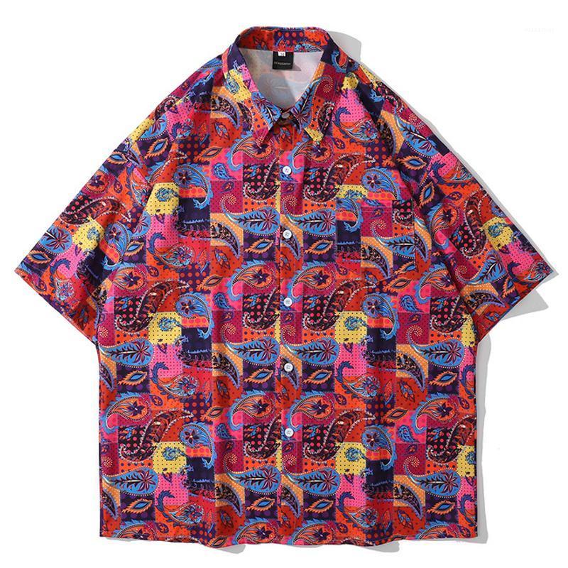 

Men's Casual Shirts Mens Harajuku Cashew Print Shirt Blouse Unisex Oversize Short Sleeve 2022 Summer Hawaii Holiday Beach Loose Red Tops