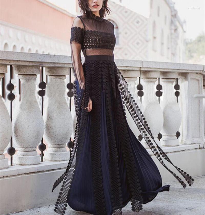 

Casual Dresses JSXDHK Fashion Women' Runway Dress 2022 Summer Self Portrait Mesh Lace Patchwork Chiffon Split Long Pleated Party, Navy blue