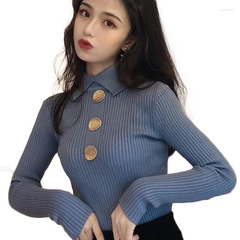 

Women' Sweaters 2022 Autumn Winter Sweater Women Button Decor Knitted Ribbed Pullover Soft Warm Long Sleeve Turtleneck Slim Jumper Femme Je, Yellow