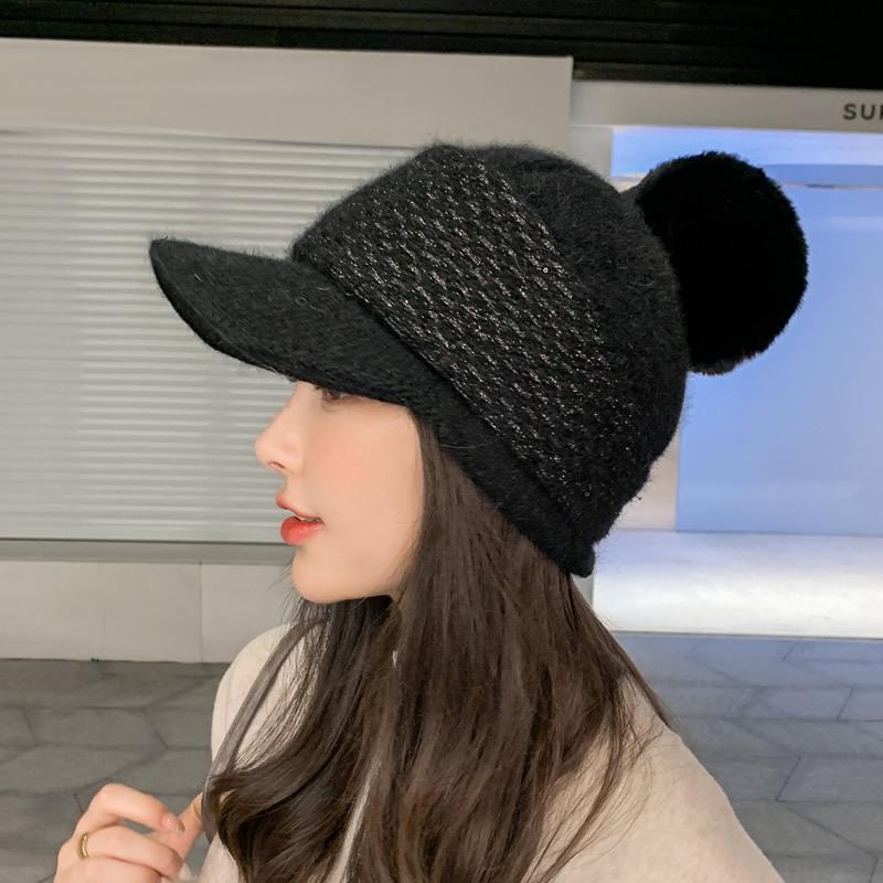 

Visors Autumn And Winter Knitted Baseball Caps Women's Wool Ball Warm Pure Color Hats Peaked CapVisors, White