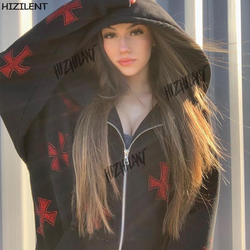 

Y2k Cross Zip Up Oversized Hoodies E-girl Vintage Solid Letter Long Black Harajuku Female Sweatshirt Grunge Clothing 220330