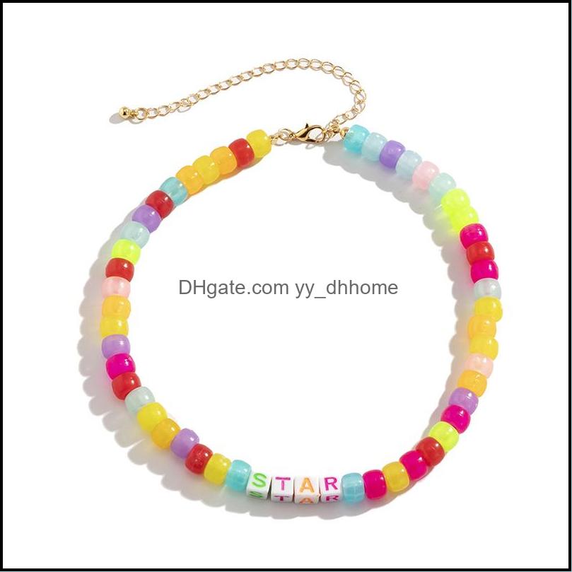 

Beaded Necklaces Pendants Jewelry Sweet Fashion Design Acrylic Square Letter Necklace Colorf Cylinder Seed Bead Single Layer Clavicle Chai