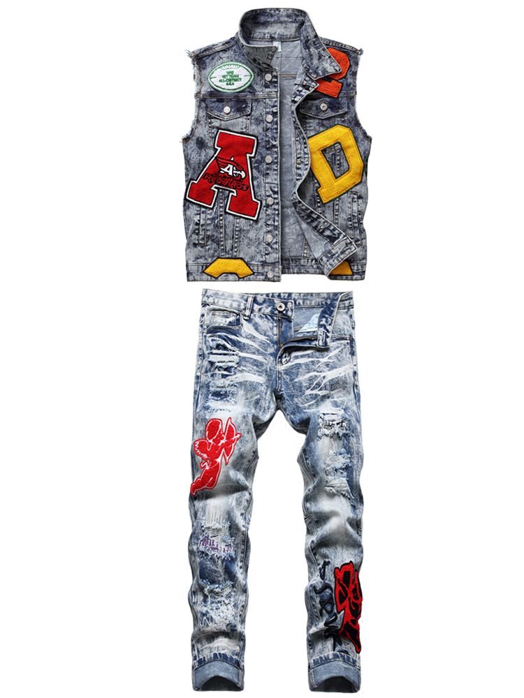 

Summer Tracksuits Men's Embroidered Vest/Jeans 2pcs Set Fashion Slim Denim Waistcoat and Ripped Patch Stretch Pants Male Streetwear, Vest and jeans 922.3280