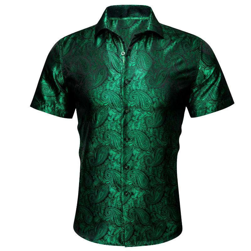 

Men' Dress Shirts Barry.Wang Luxury Green Paisley Mens Summer Fashion Silk Casual Shirt Stylish Lapel Pattern Short Sleeve Male Blouse Fit, Cy-0224