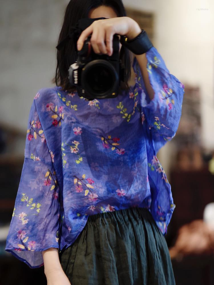 

Women's T-Shirt Women Ramie High Quality T-Shirts Print Floral O-Neck Seven Sleeve Tees 2022 Summer Loose 8 Color Female Tshirts Mori GirlsW, Yellow