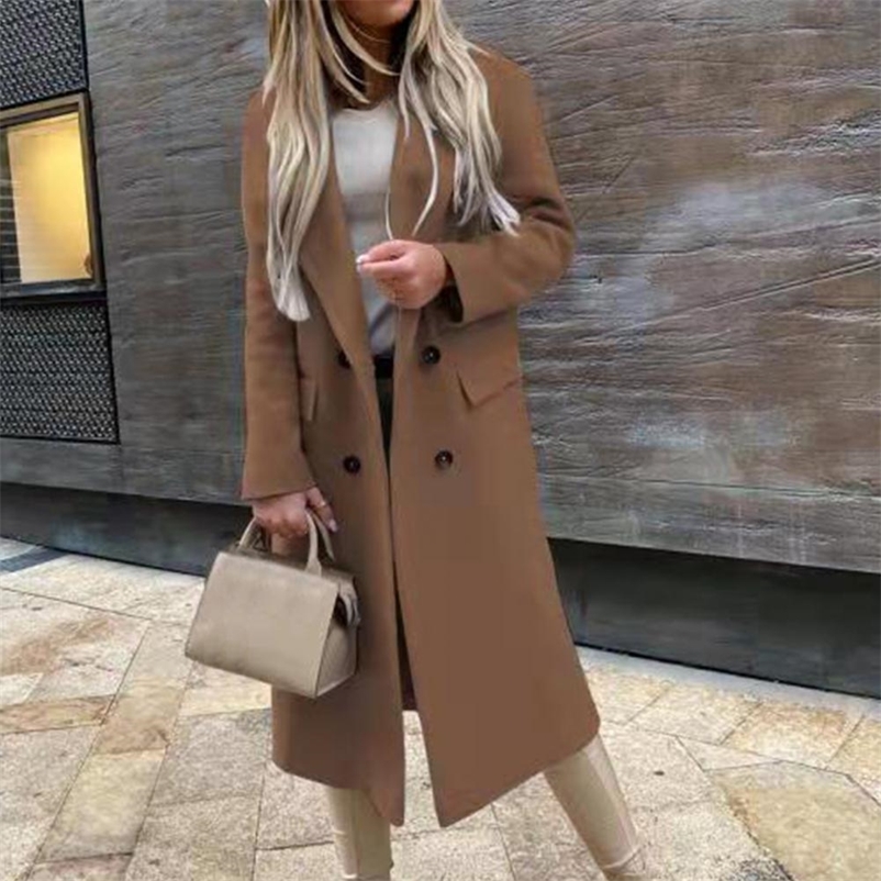 

Women' Wool Blends Elegant Long Wool Coat Women Oversize Coat Solid Color Double Breasted Autumn Winter Warm Suit Collar Women' Coat Spring 220826, Khaki
