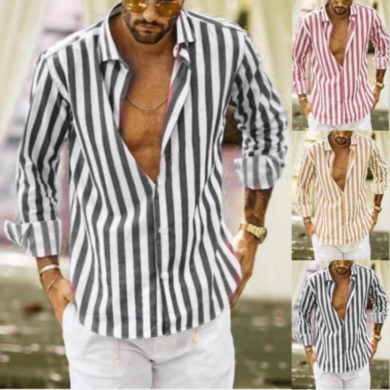 

Men' Casual Shirts Men' Long Sleeve Striped Trendy For MenMen, Khaki