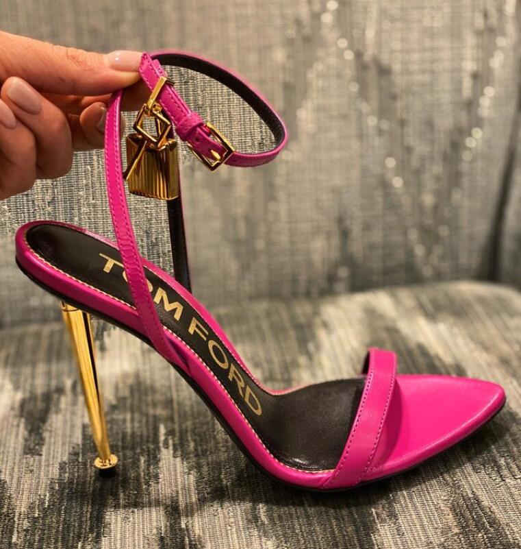 

Padlock sandal women sexy high heeled shoes naked leather pump tom-sandal Padlocks embellished stiletto heel pointed toe Wedding party dress, 90