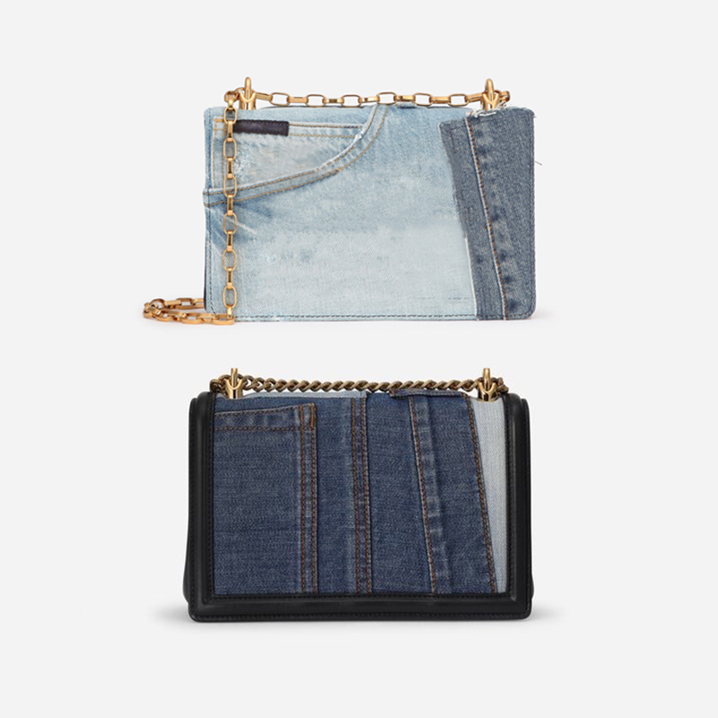 Sac à main Claquettes de luxe sacs à main sac de dévotion moyen dans le denim patchwork et sacles d'épaule de veau nature pure