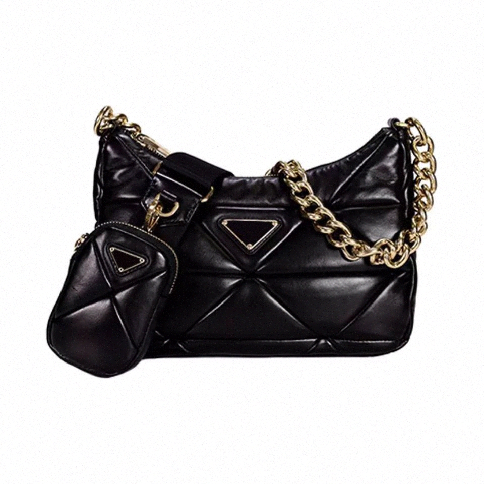 

System Nappa Leather Patchwork Shoulder Bag Designer Women Men Chain Handle with Small Zipper Pouch Re-nylon Print Lining Handbag Crossbody Bags Purse, Black