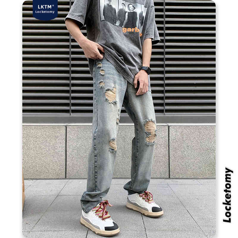 

Lktm #hiphop fried Street pants men's high street fashion brand washed rough edged and perforated jeans, Retro blue