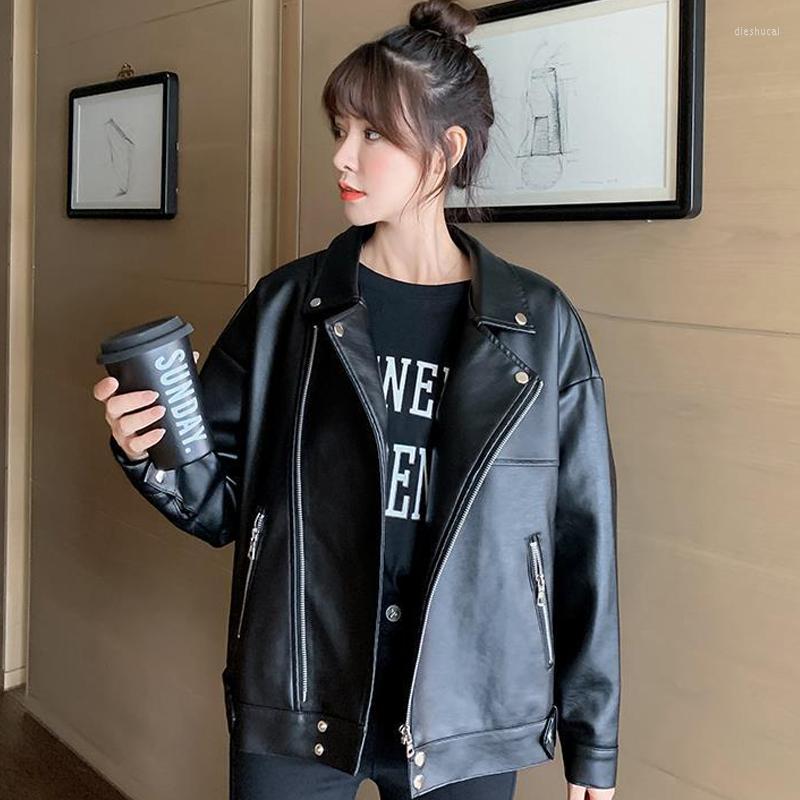 

Women's Leather & Faux Basic Autumn Spring Women's Jakcet Loose Turn Down Ladies Coat Moto Biker Zipper Jackets For Lady OutwearWomen's, Black