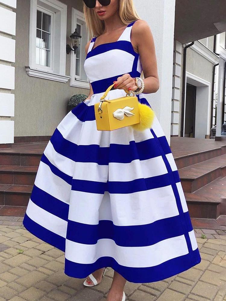 Robes décontractées Femmes Sexy Hors Épaule Sans Manches Sling Robe Mode Couleur Rayé Imprimé Longue Été Dos Nu Hem Fête