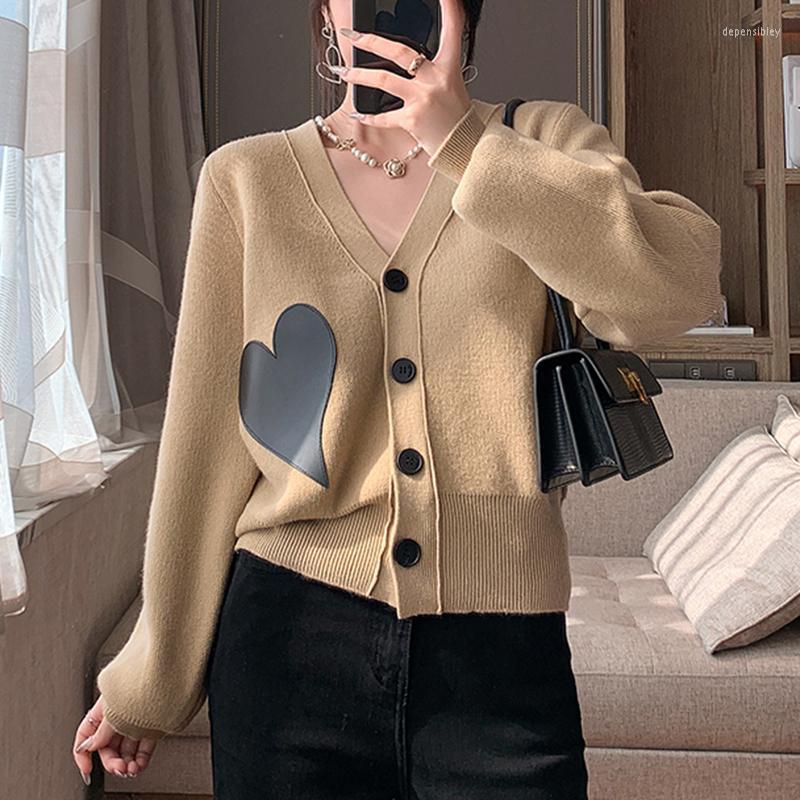 

Women's Knits & Tees Streetwear Korean Heart Cardigan Women V Neck Khaki Knitted Cardigans Tops Autumn Winter Sweater Pull Femme Jersey Depe