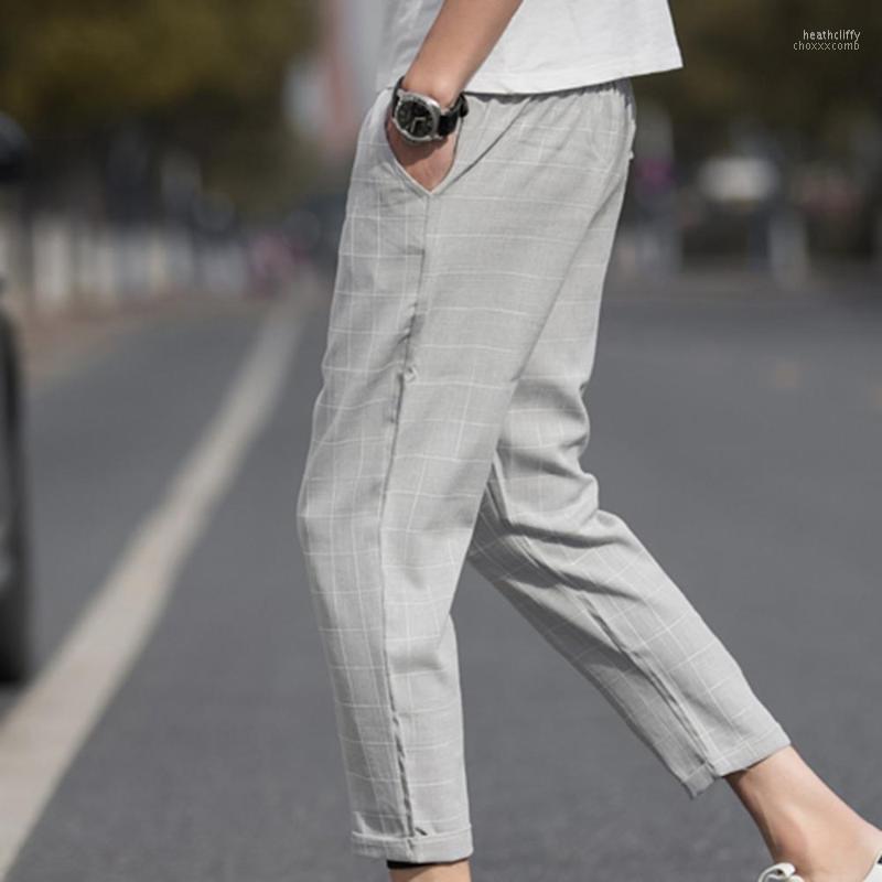 

Men's Pants Plus Size Men Plaid Drawstring Pockets Elastic Waist Pencil Trousers Ninth PantsMen's Heat22, Light gray