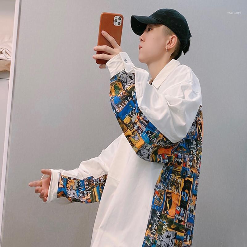 

Men's Casual Shirts THRC Fashion Brand Spring Guochaogao Street Loose Graffiti Tie Dye Color Matching Long Sleeve Shirt Couple Ins, Black
