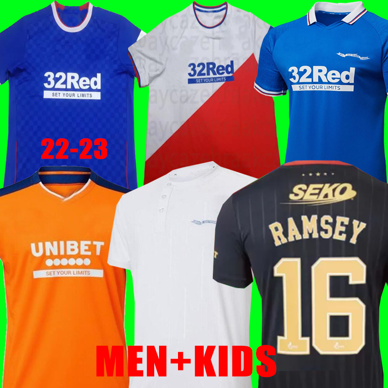 

21 22 23 Rangers fc third Soccer Jerseys orange Special 150th final RAMSEY Sakala Glasgow 2022 2023 HAGI Football Shirt ROOFE MORELOS AMAD TAVERNIER KENT men kids, 150th speical blue+patch