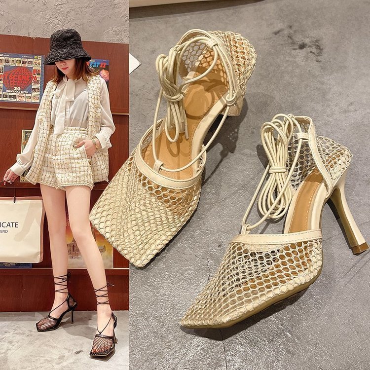 

Sexy Yellow Mesh Pumps Sandals Female Square Toe high heel Lace Up Cross-tied Stiletto hollow Dress shoes, White