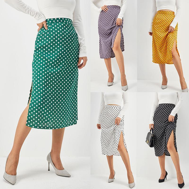

Skirts Polka Dot Print Midi Skirt Casual Slim Sexy Split Satin Women Summer 2022 Zipper Boho Harajuku European Femme Jupe JK1154, Black