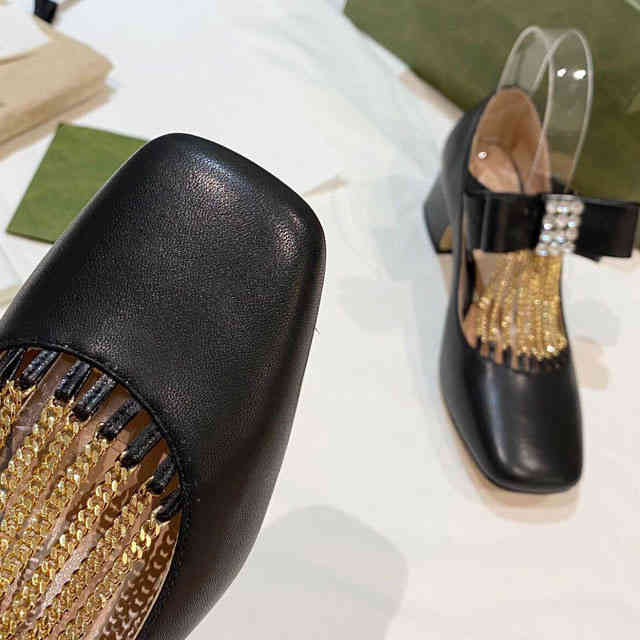 

Designer-2022 autumn new style square head leather shallow bow Rhinestone elegant middle heel thick heel four seasons single shoes wom, Black