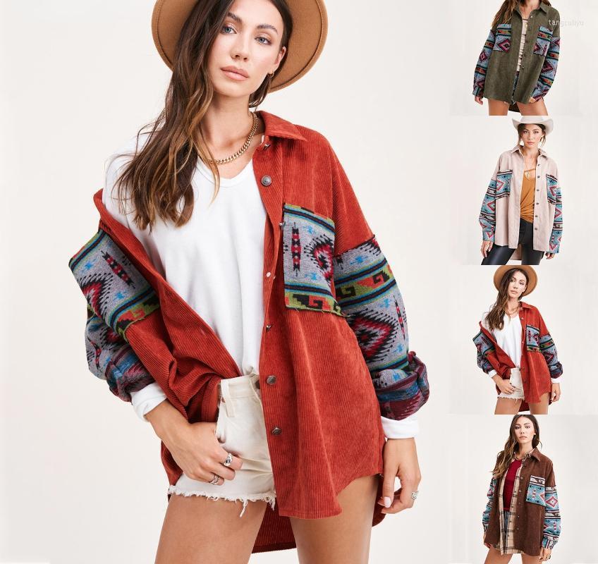 

Women' Jackets 2022 Autumn Vintage Splicing Print Single Breasted Jacket Coat Women Long Sleeve Lapel Casual Woman Tops, Green