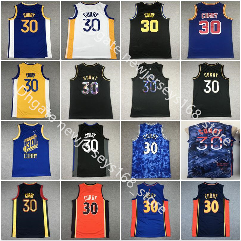 

2021-22 Men Basketball Stephen Curry 30 75th Anniversary Diamond Black Yellow Blue White Color Stitched''NBA''Jersey, Picture