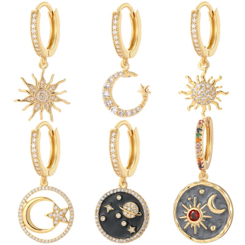 

Dangle & Chandelier Sun Moon Star Crystal Hoop Earrings For Women Micro Pave CZ Paired Piercing Earring Trendy Korean Fashion 2022