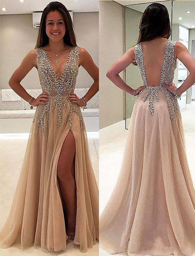 

Long Prom Dresses 2022 New Sexy Deep V-neck Side Split Evening Party Wear Gown Champagne Organza A Line vestidos de fiesta, Brown