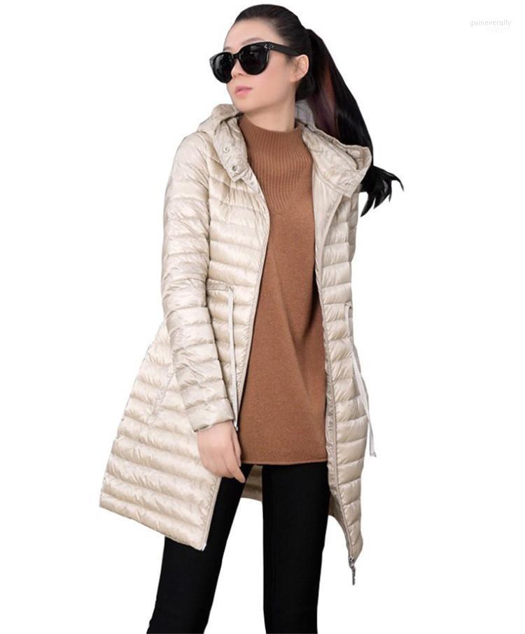 

Women' Down & Parkas 2022 Women Hooded Jacket Bigger Sizes Thin Light Long Coat Quality Sashes Slim Waist Guin22, Black