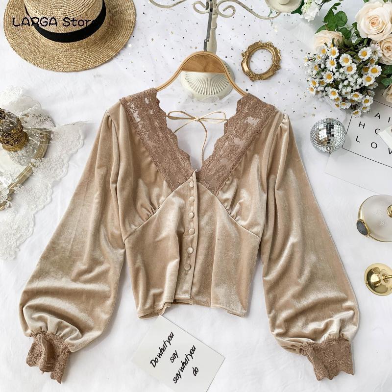 

Women's Blouses & Shirts 2022 Fashion Autumn Lace V-neck Puff Sleeve Clothes Women, Black